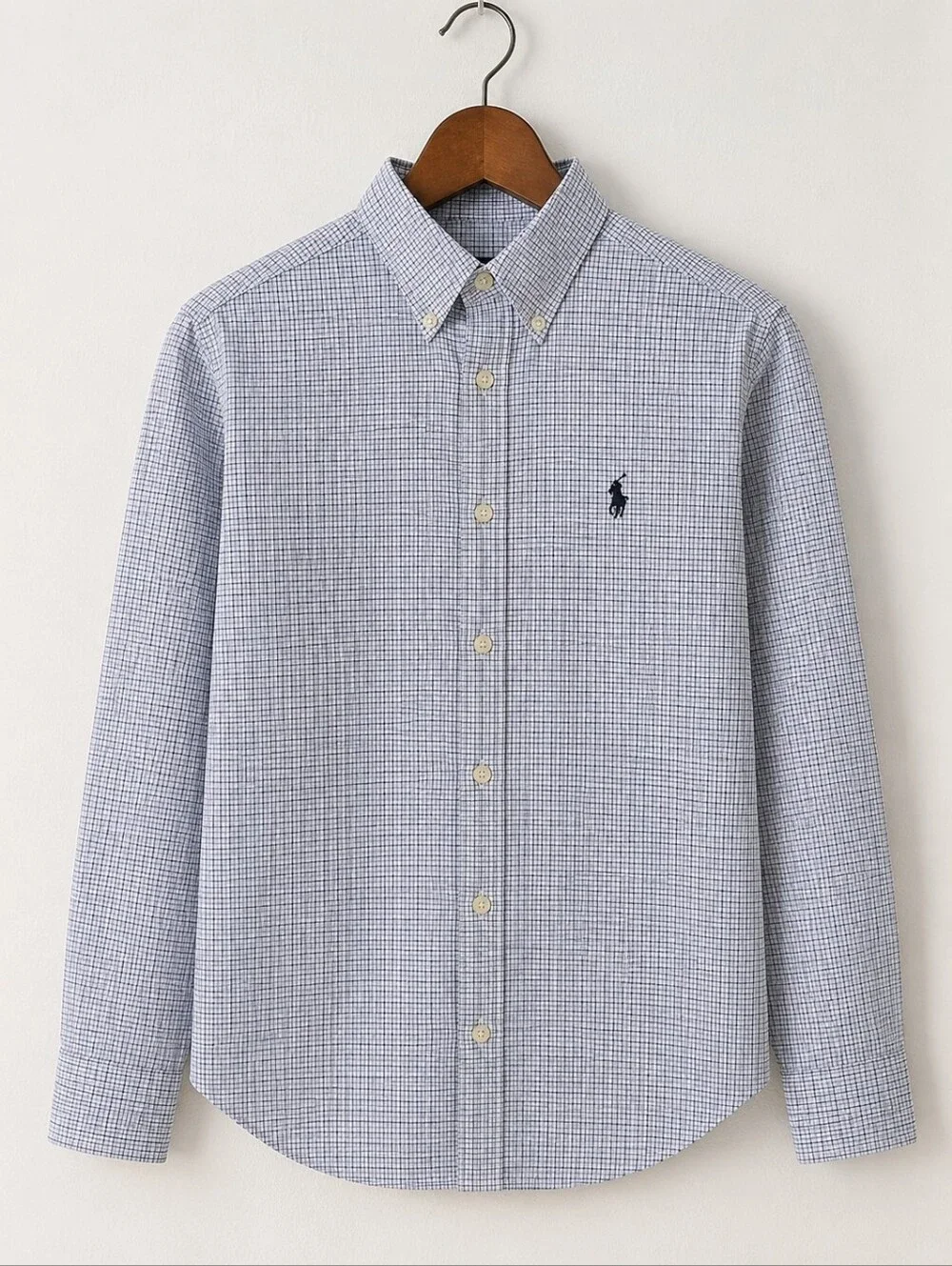 Polo Ralph Lauren Boys Long Sleeve Shirt M 10/12 Button Down Blue Plaid Stretch